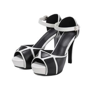 Black Stiletto Heels Women's 36 Black White Peep Toe Fish Mouth US size 5.5